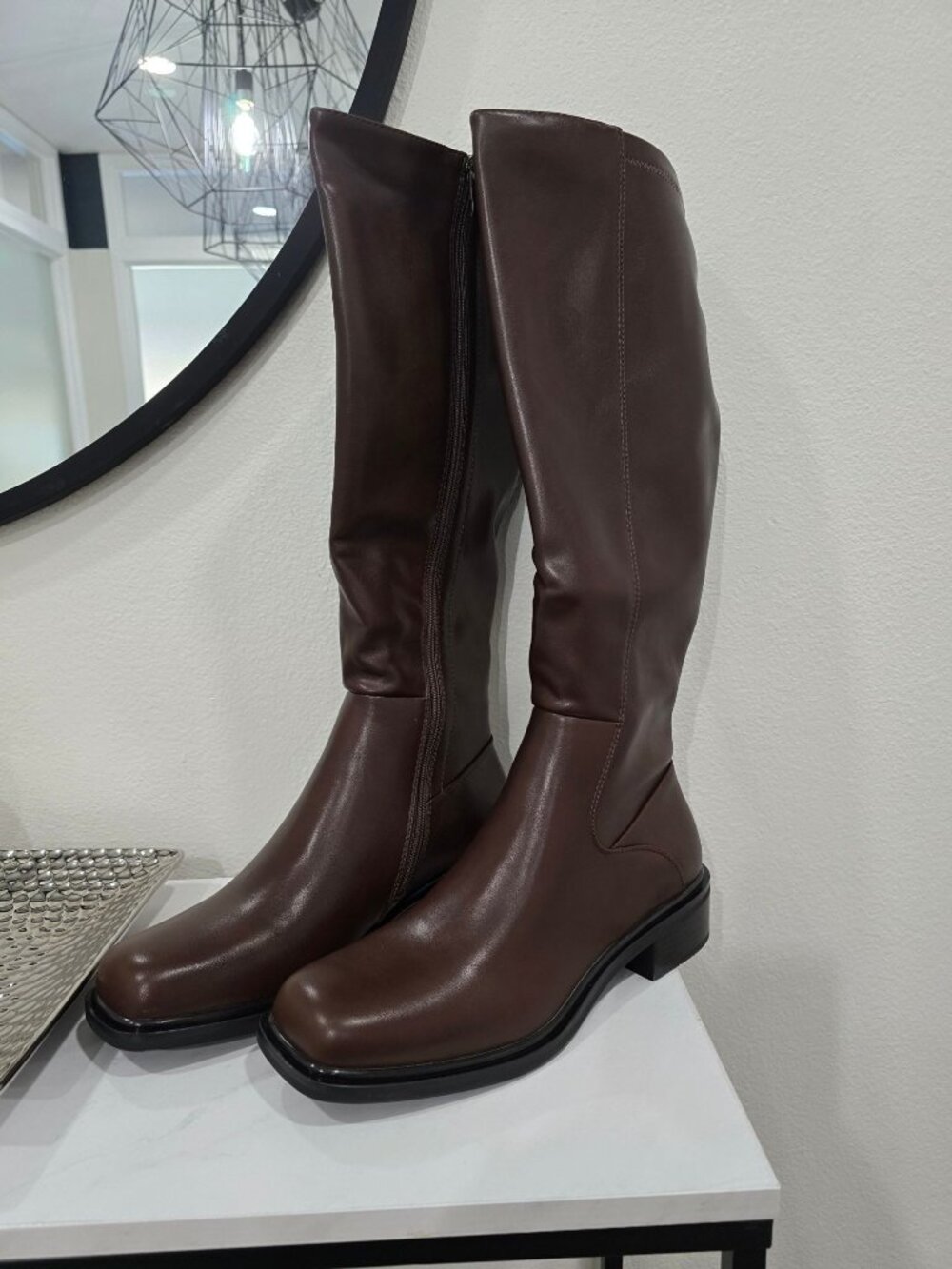 Brown Knee‑High Riding Boots ✦ Faux Leather Side Zip Block Heel ✦ Women’s 10 NWT